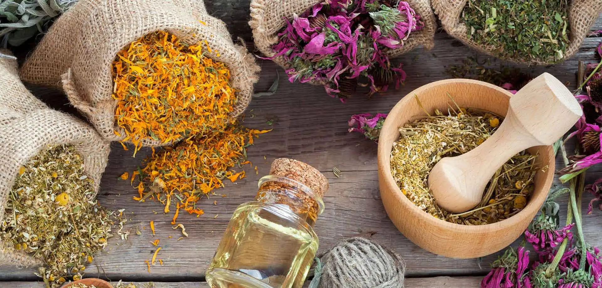Dried botanicals and herbal oil ready for extraction